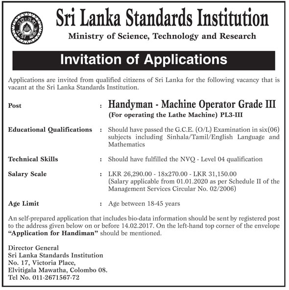 Handyman Machine Operator - Sri Lanka Standards Institution